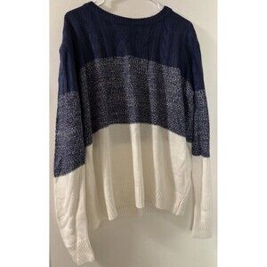 Men's Casual Color Block Long Sleeve Cable Knit Pullover Sweater Blue White L